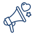 Graphic of a bullhorn with hearts and stars coming out of the end which represents Hero Horses raising awareness about Equine Facilitated Therapies