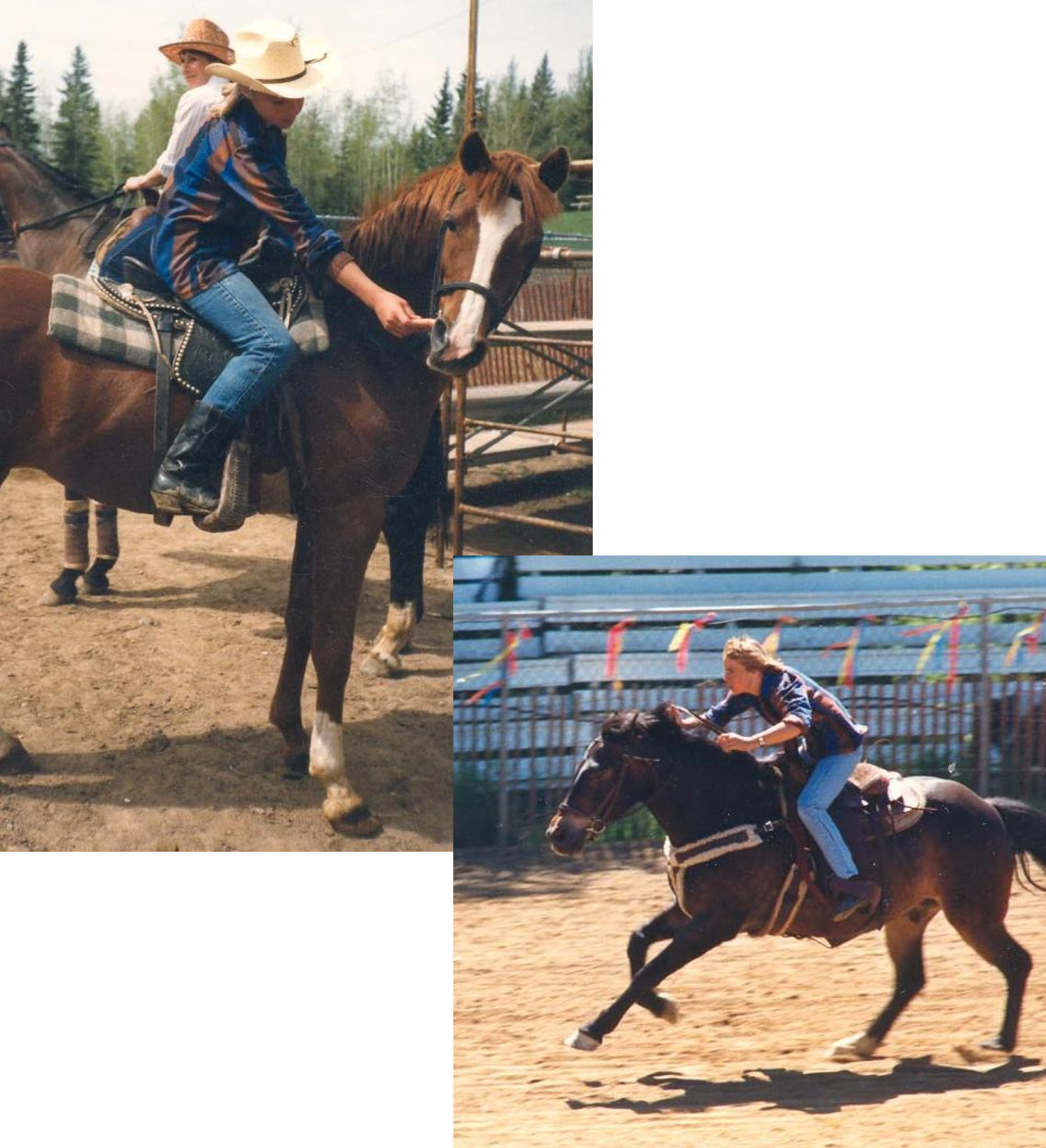 A two-photo collage of Sarah Malley as a young girl on a chestnut mare with a wide blaze at a gymkhana in Fort McMurray, Alberta. She is feeding the horse a carrot from the saddle. The other photo is of Sarah urging on a bay horse galloping to the finish line in a sand arena on a hot summer day at the same gymkhana.
